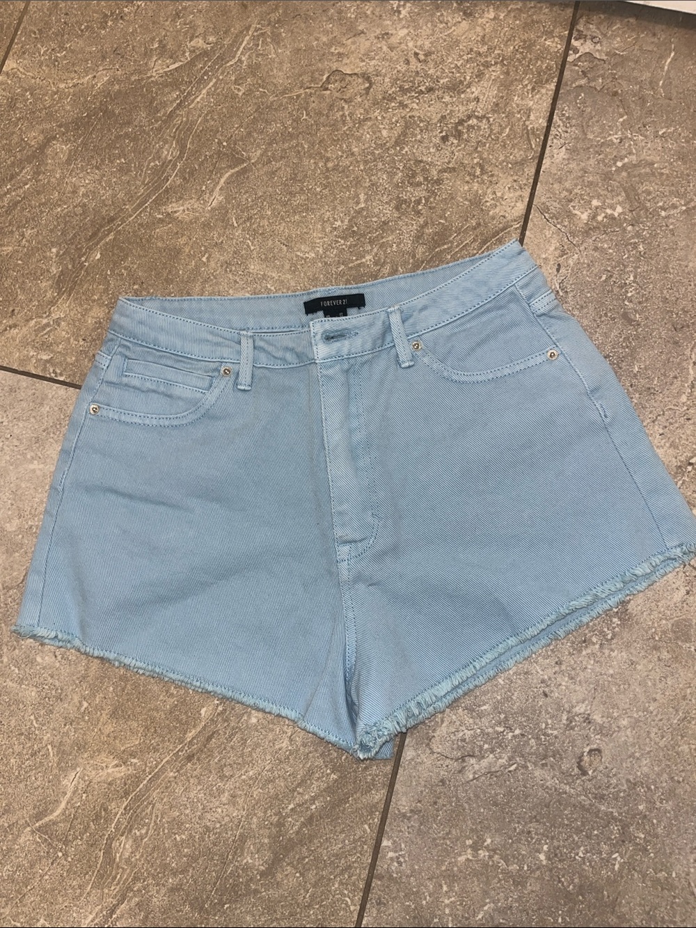 Forever 21 Sky Blue High-Rise Denim Shorts with Frayed Hem